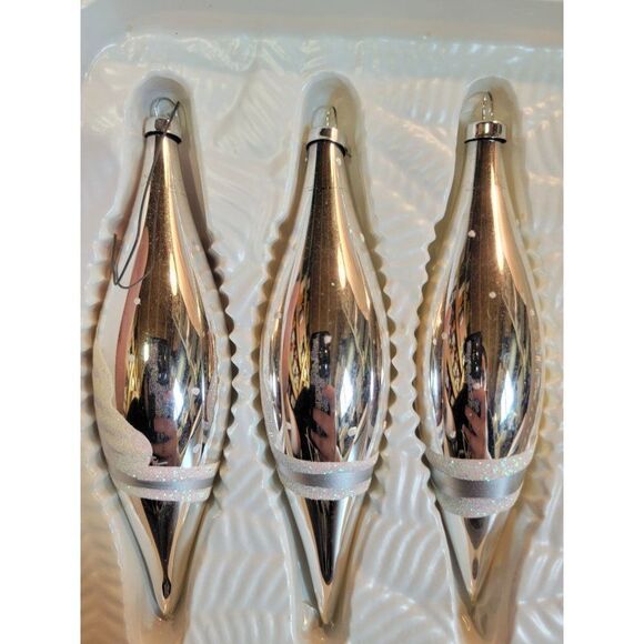 Holiday time silver blown glass tree glitter abstract long ornament Xmas decor - Picture 6 of 8